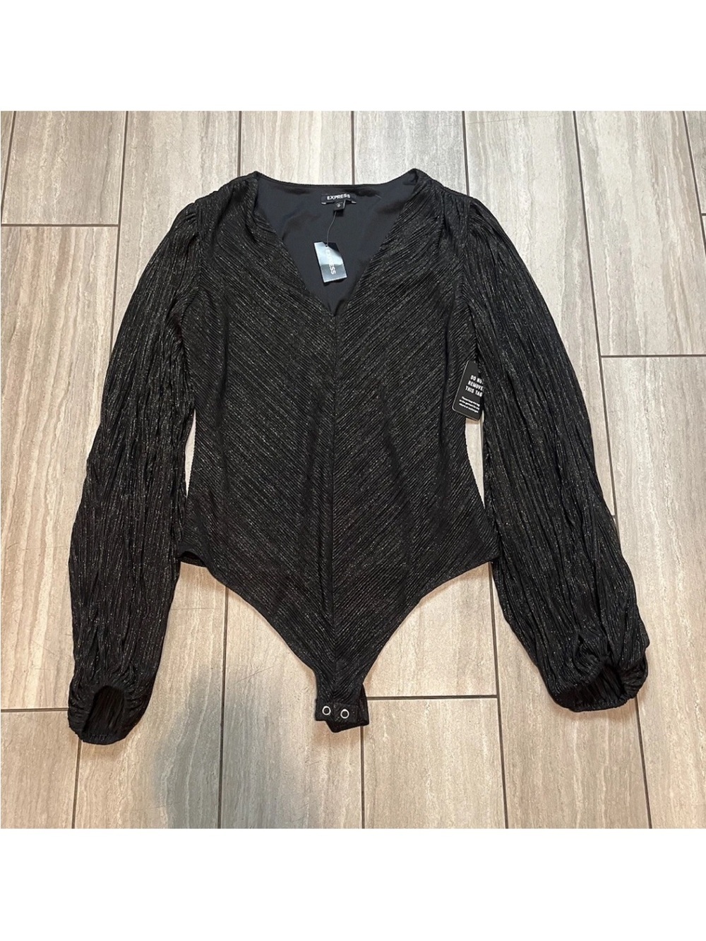 Express Black Metallic V-Neck Puff Sleeve Bodysuit